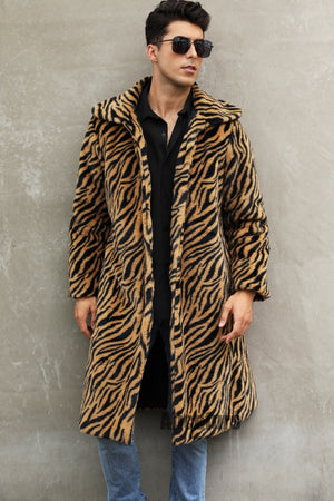 mens faux fur coat winter zebra print long overcoat in brown 5 Alicefurs