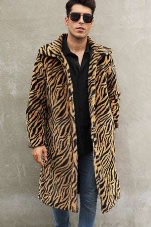 mens faux fur coat winter zebra print long overcoat in brown 7 Alicefurs