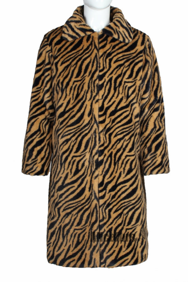 Men's Faux Fur Coat Winter Zebra Print Long Overcoat
