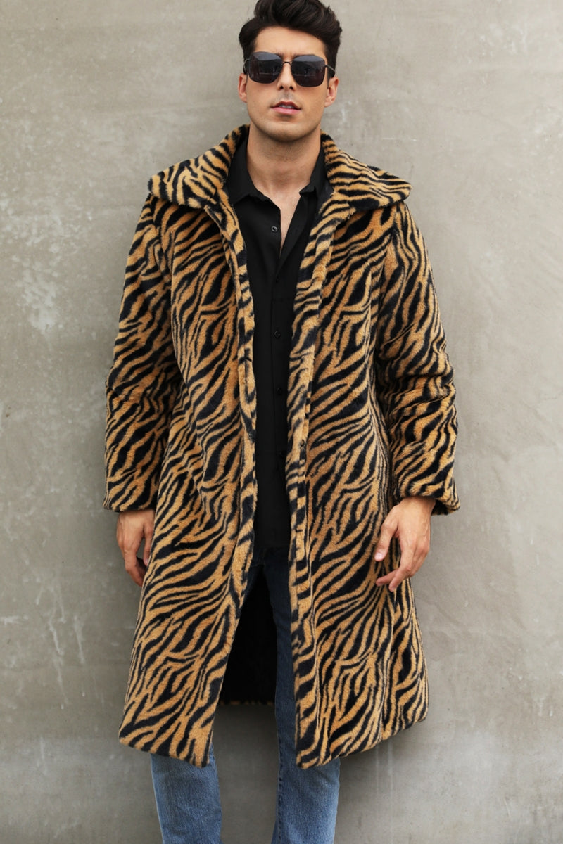 Men's Faux Fur Coat Winter Zebra Print Long Overcoat
