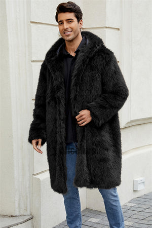 mens faux fur coat with hood winter fluffy long outerwear in black 1 Alicefurs