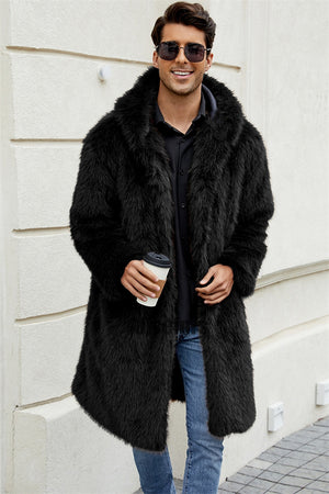 mens faux fur coat with hood winter fluffy long outerwear in black 2 Alicefurs