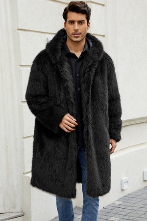 mens faux fur coat with hood winter fluffy long outerwear in black Alicefurs