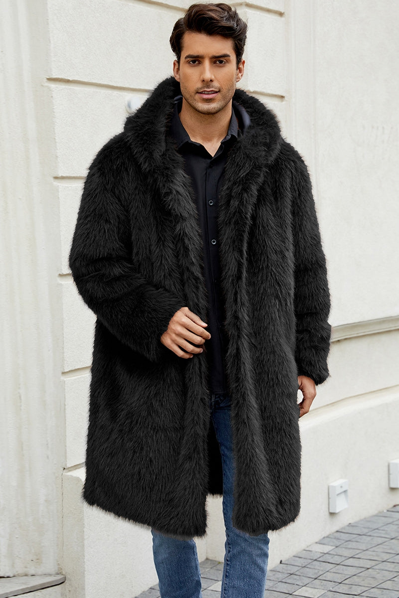 Men's Faux Fur Coat with Hood Winter Fluffy Long Outerwear