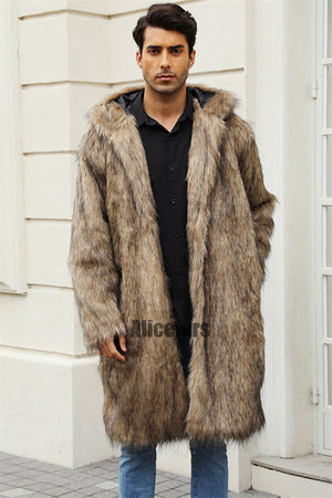 mens faux fur coat with hood winter fluffy long outerwear in brown 1 Alicefurs