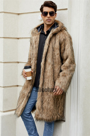 mens faux fur coat with hood winter fluffy long outerwear in brown 2 Alicefurs