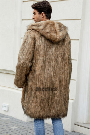 mens faux fur coat with hood winter fluffy long outerwear in brown 4 Alicefurs
