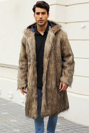 mens faux fur coat with hood winter fluffy long outerwear in brown Alicefurs