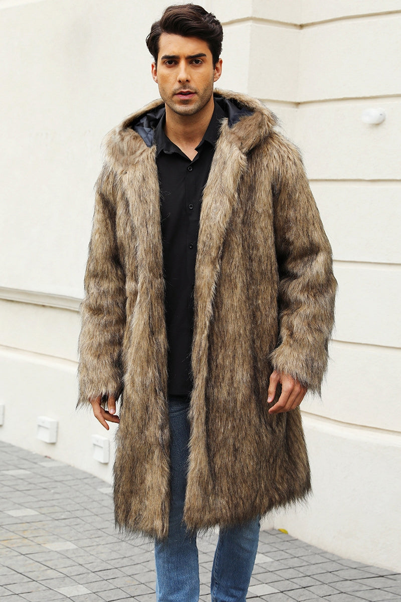 Men's Faux Fur Coat with Hood Winter Fluffy Long Outerwear