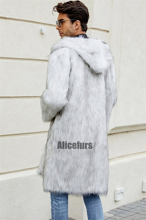 mens faux fur coat with hood winter fluffy long outerwear in white 3 Alicefurs