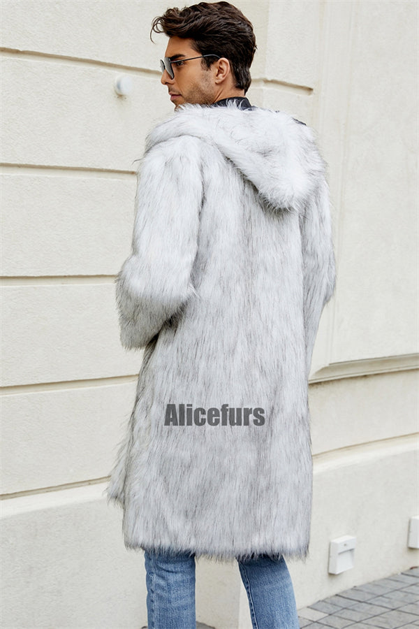 Men's Faux Fur Coat with Hood Winter Fluffy Long Outerwear