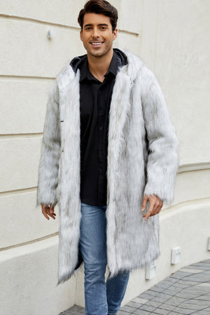 mens faux fur coat with hood winter fluffy long outerwear in white Alicefurs