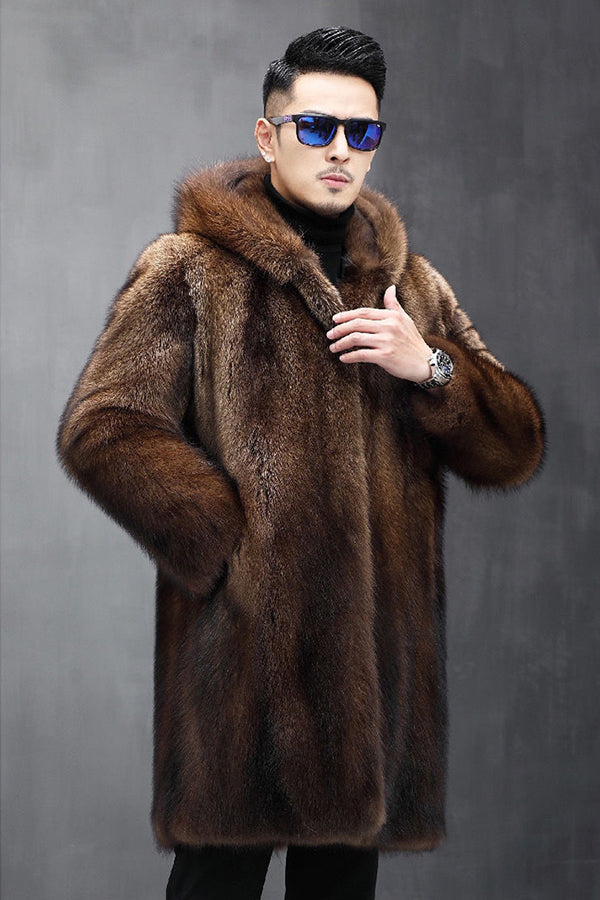 Men's Faux Fur Coat with Hood Winter Fluffy Overcoat