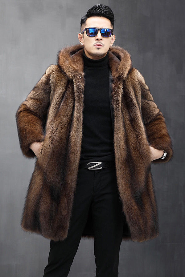 Men's Faux Fur Coat with Hood Winter Fluffy Overcoat