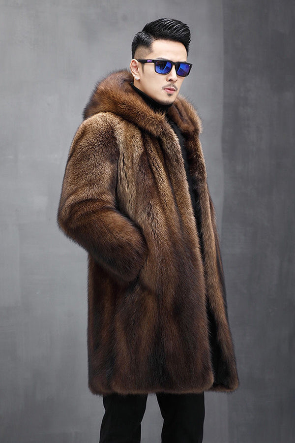 Men's Faux Fur Coat with Hood Winter Fluffy Overcoat