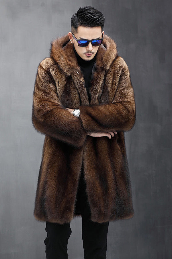 Men's Faux Fur Coat with Hood Winter Fluffy Overcoat