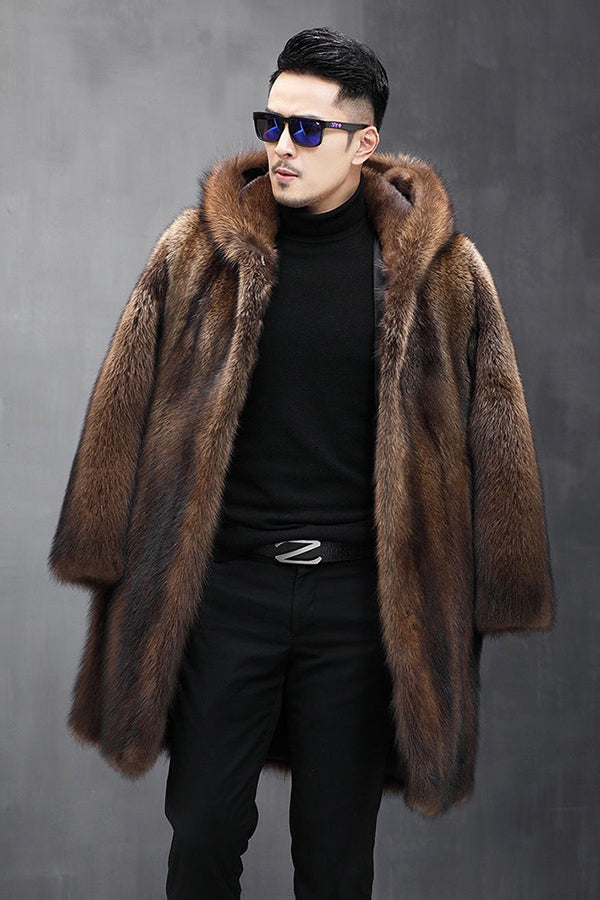 Men's Faux Fur Coat with Hood Winter Fluffy Overcoat