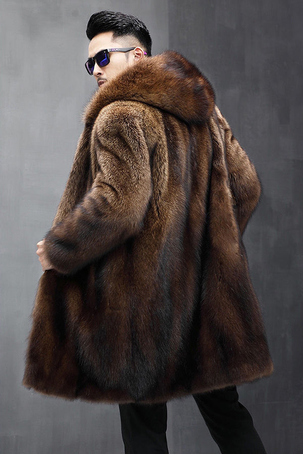 Men's Faux Fur Coat with Hood Winter Fluffy Overcoat