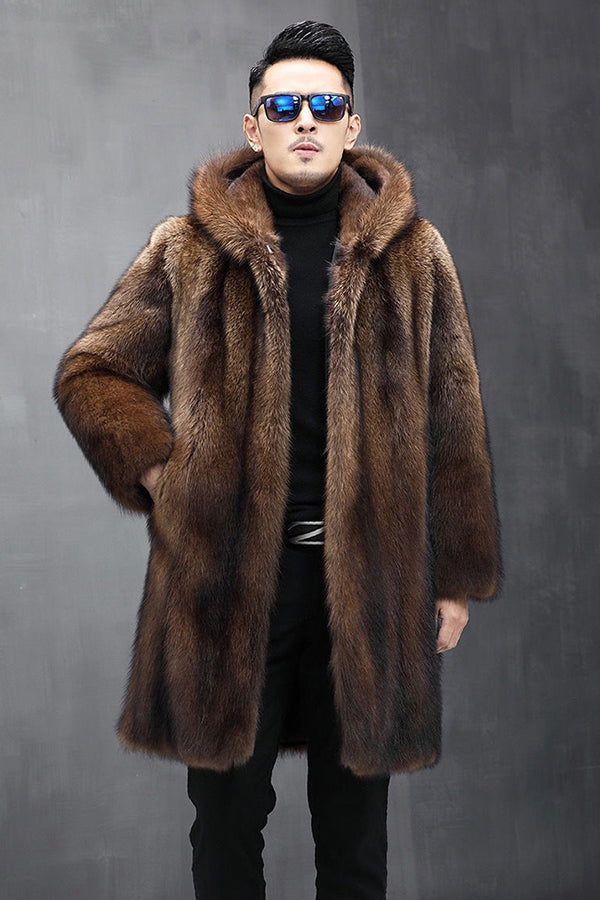 Men's Faux Fur Coat with Hood Winter Fluffy Overcoat