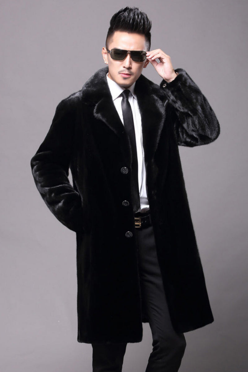 Men's Faux Mink Coat Black Winter Fuzzy Overcoat