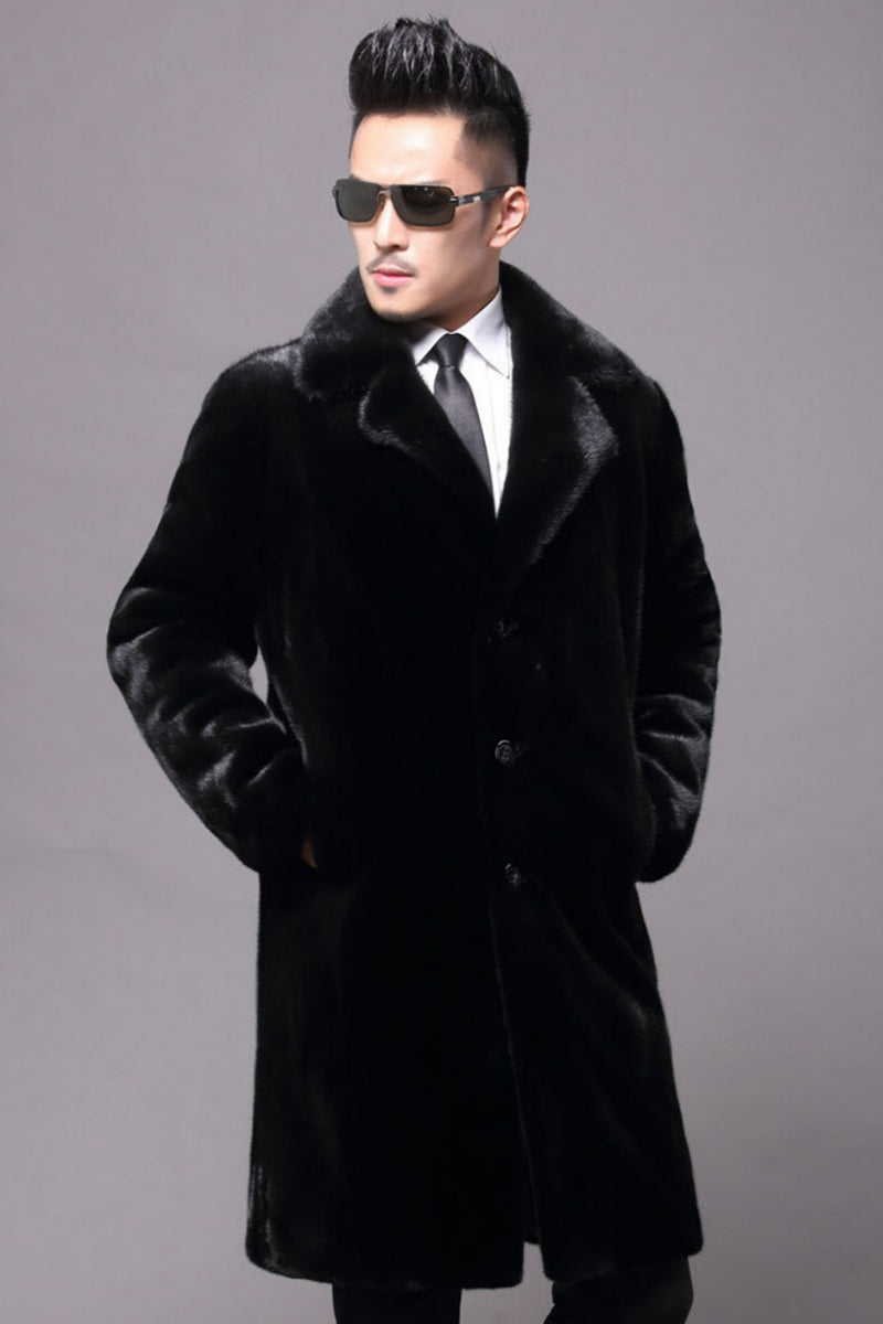 Men's Faux Mink Coat Black Winter Fuzzy Overcoat