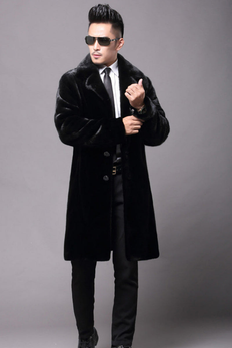 Men's Faux Mink Coat Black Winter Fuzzy Overcoat