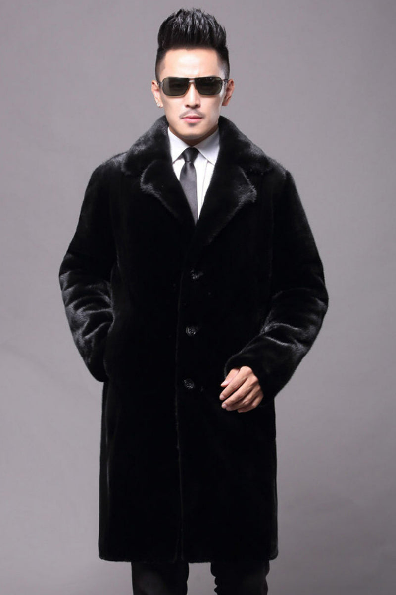 Men's Faux Mink Coat Black Winter Fuzzy Overcoat