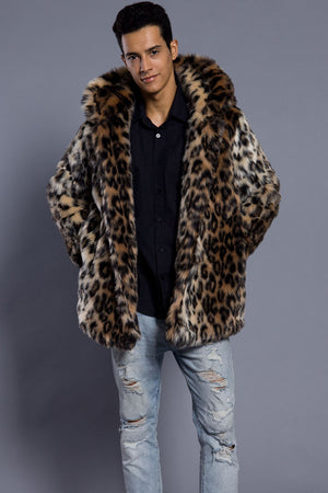 mens leopard faux fur coat with hood brown winter outerwear 1 Alicefurs