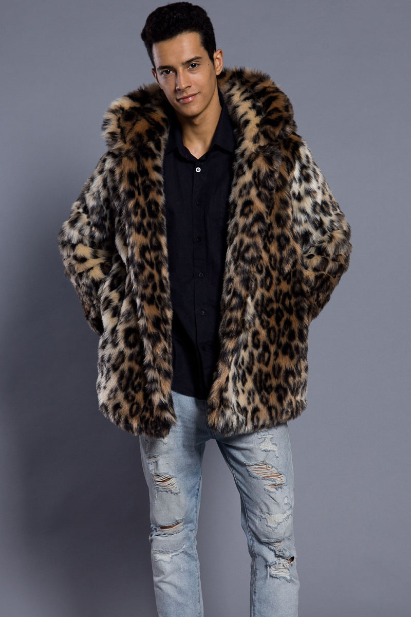 Men's Leopard Faux Fur Coat with Hood Brown Winter Outerwear