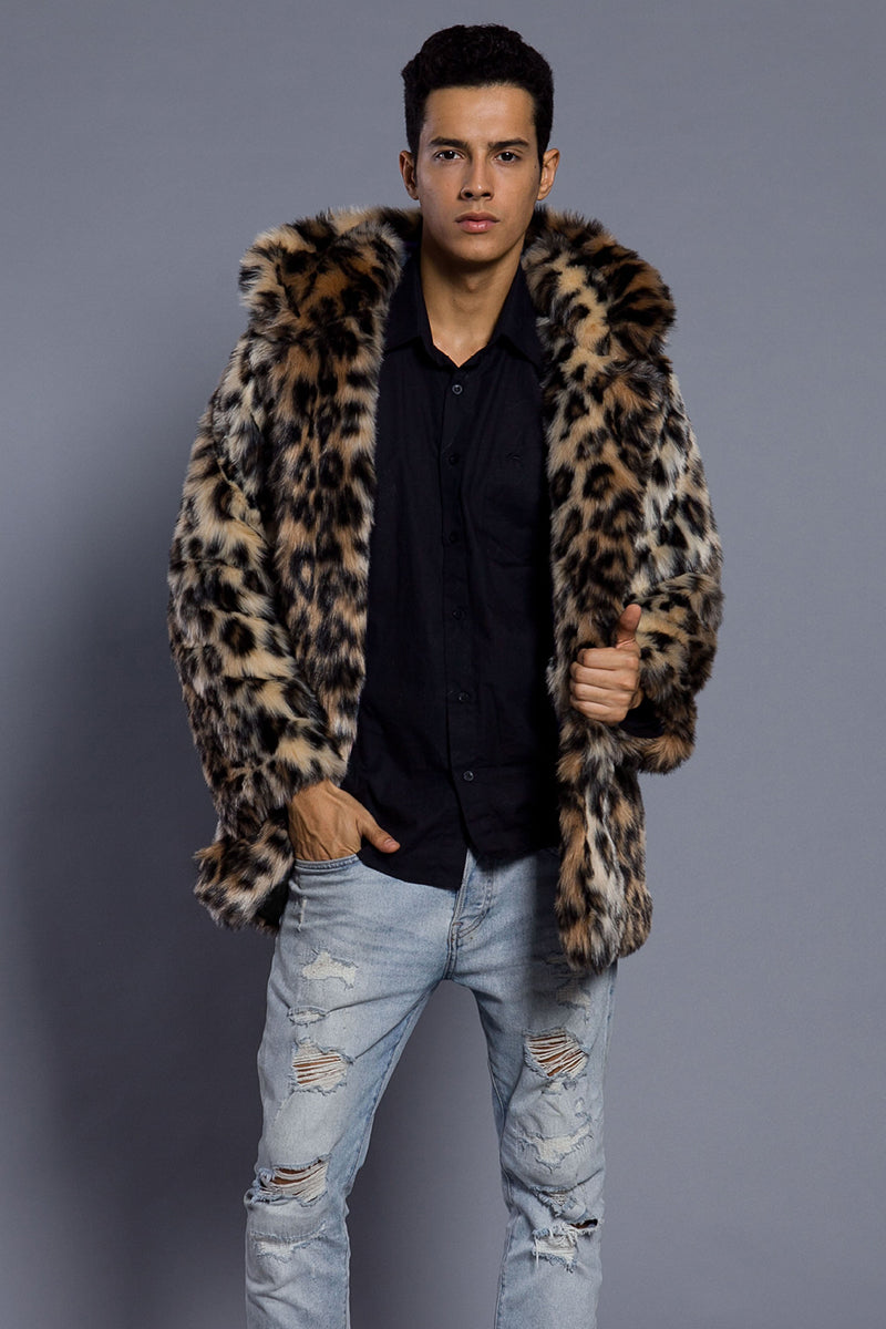 Men's Leopard Faux Fur Coat with Hood Brown Winter Outerwear