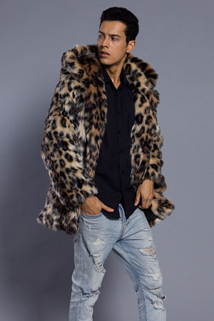 mens leopard faux fur coat with hood brown winter outerwear 3 Alicefurs