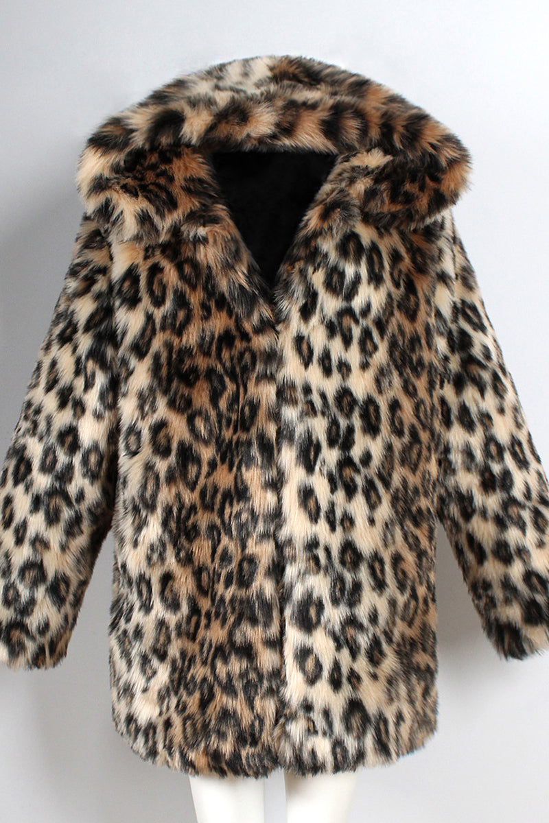 Men's Leopard Faux Fur Coat with Hood Brown Winter Outerwear