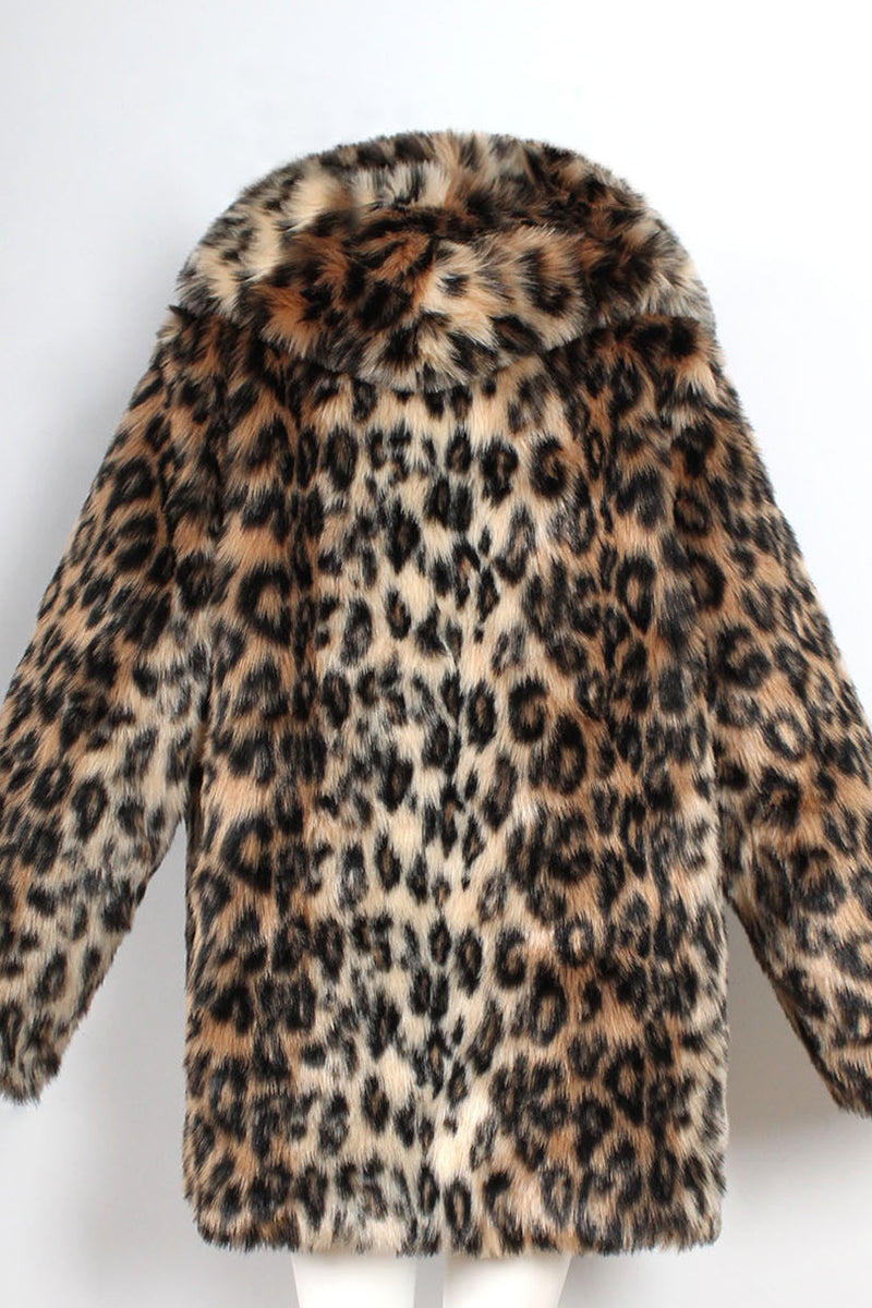Men's Leopard Faux Fur Coat with Hood Brown Winter Outerwear