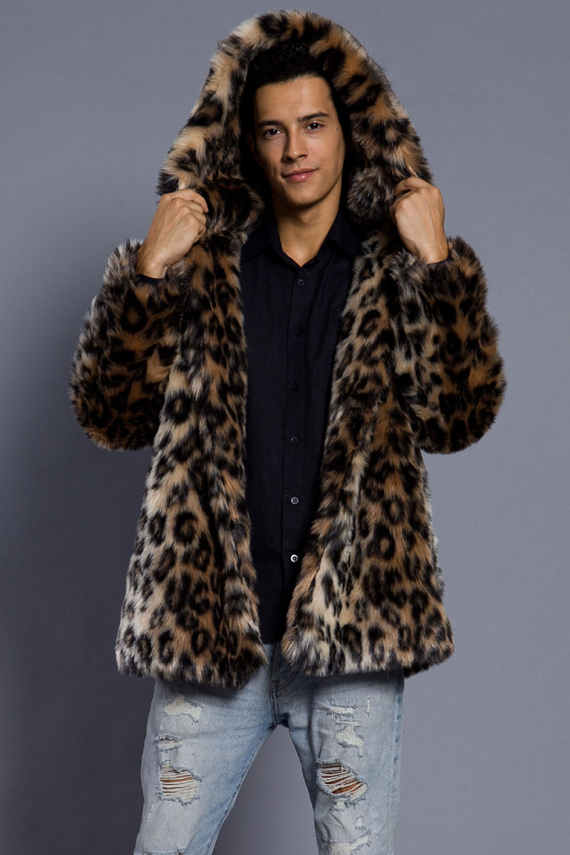 Men's Leopard Faux Fur Coat with Hood Brown Winter Outerwear