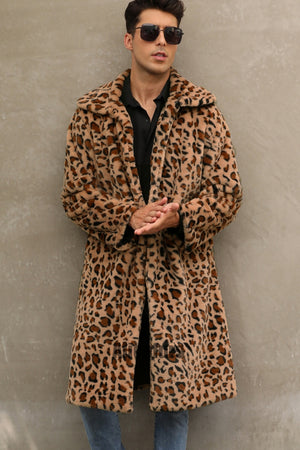 mens leopard fur coat winter brown long fuzzy overcoat 1 Alicefurs