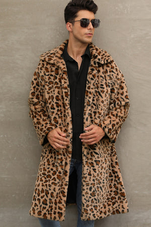 mens leopard fur coat winter brown long fuzzy overcoat 3 Alicefurs