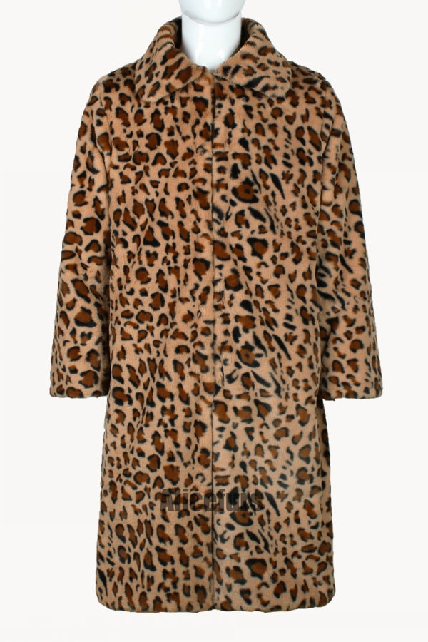 Men's Leopard Fur Coat Winter Brown Long Fuzzy Overcoat