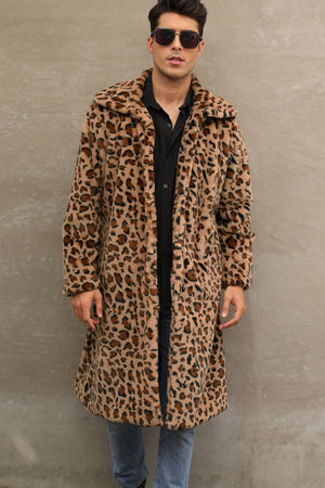 mens leopard fur coat winter brown long fuzzy overcoat Alicefurs