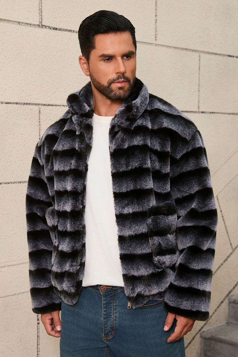 2025 Men's Striped Fur Jacket Short Faux Chinchilla Coat