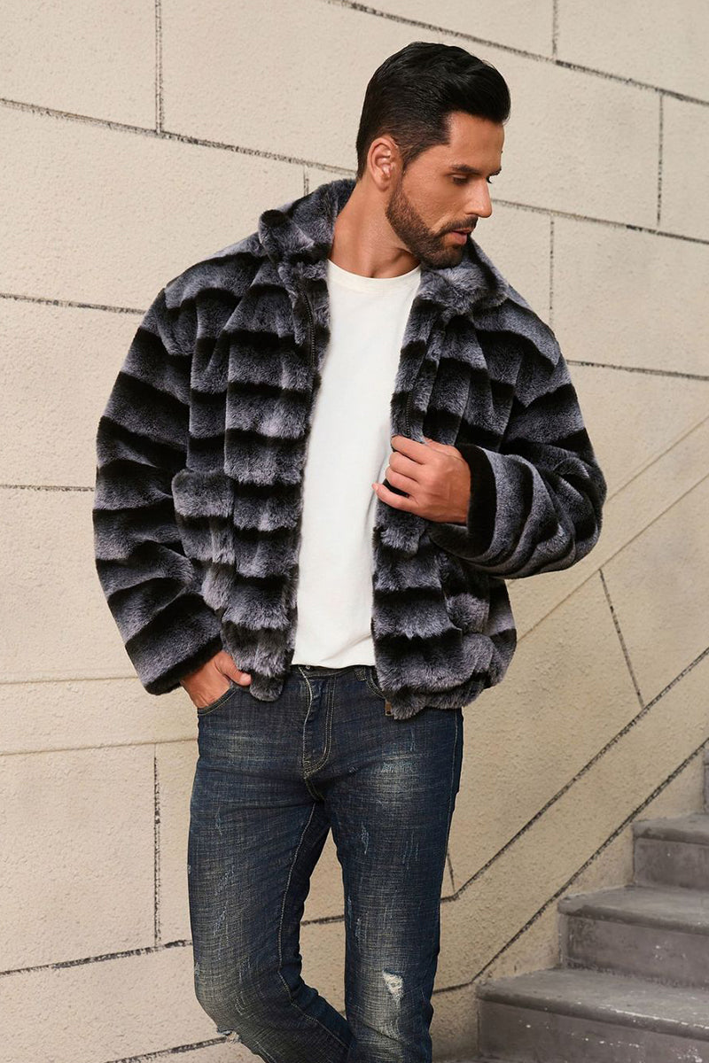 2025 Men's Striped Fur Jacket Short Faux Chinchilla Coat