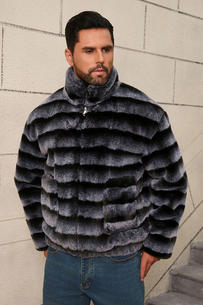 2025 Men's Striped Fur Jacket Short Faux Chinchilla Coat