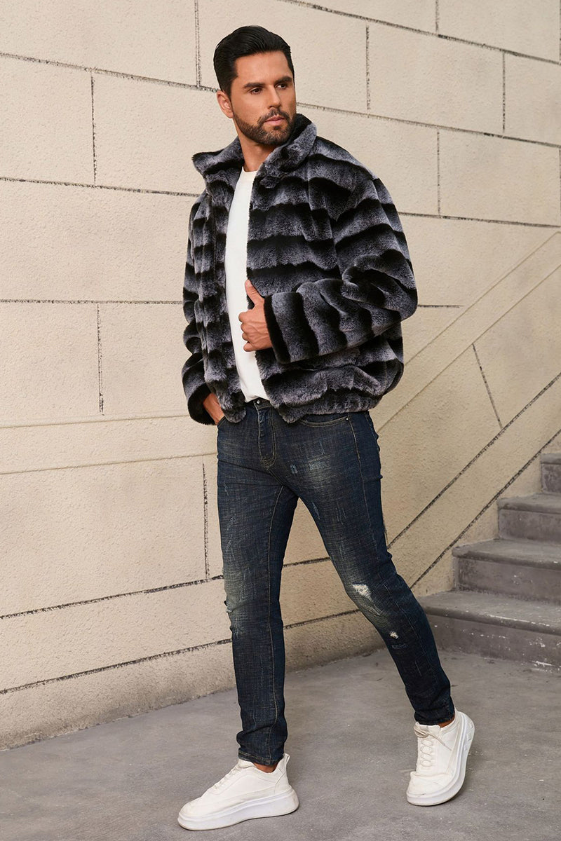 2025 Men's Striped Fur Jacket Short Faux Chinchilla Coat