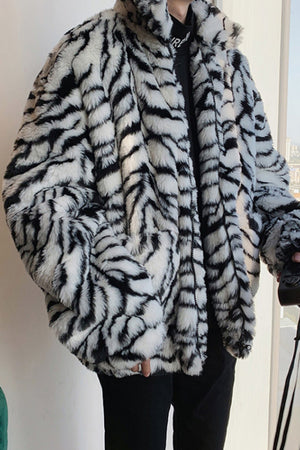 mens tiger fur jacket oversized animal print fuzzy coat in black and white 1 Alicefurs