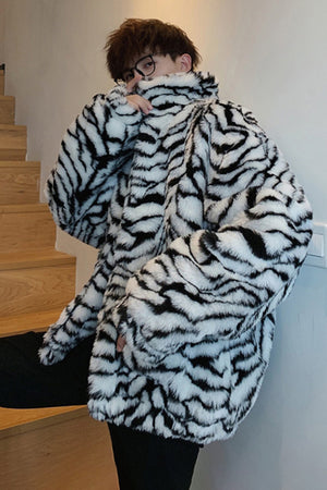 mens tiger fur jacket oversized animal print fuzzy coat in black and white 2 Alicefurs