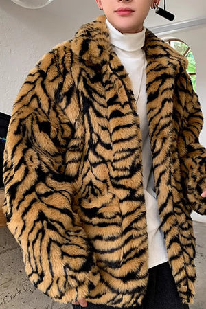 mens tiger fur jacket oversized animal print fuzzy coat in brown 1 Alicefurs