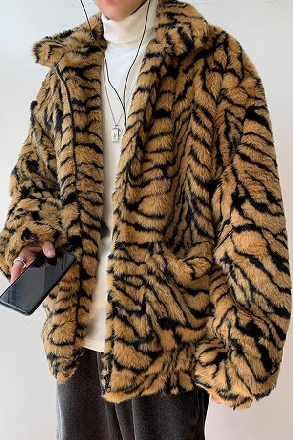 Men's Tiger Fur Jacket Oversized Animal Print Fuzzy Coat