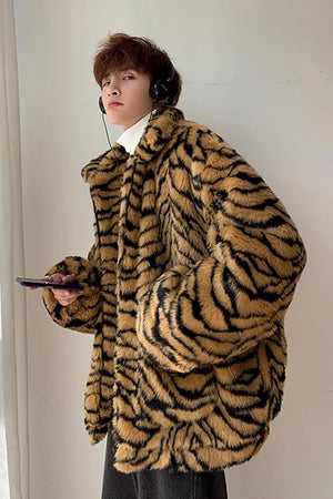 mens tiger fur jacket oversized animal print fuzzy coat in brown 3 Alicefurs