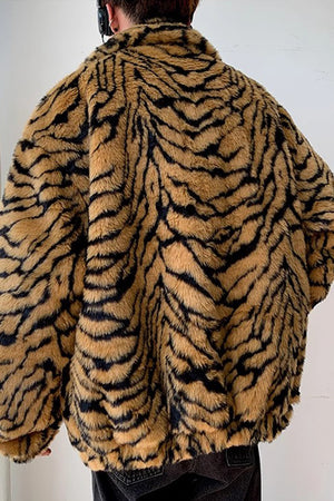 mens tiger fur jacket oversized animal print fuzzy coat in brown 5 Alicefurs