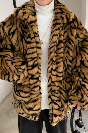 mens tiger fur jacket oversized animal print fuzzy coat in brown Alicefurs
