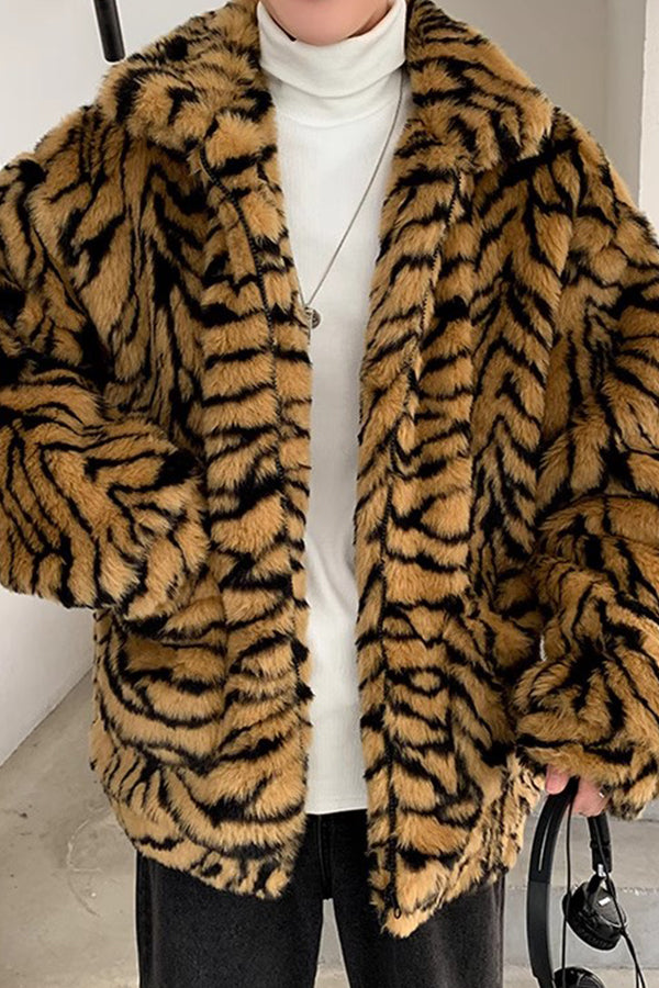 Men's Tiger Fur Jacket Oversized Animal Print Fuzzy Coat
